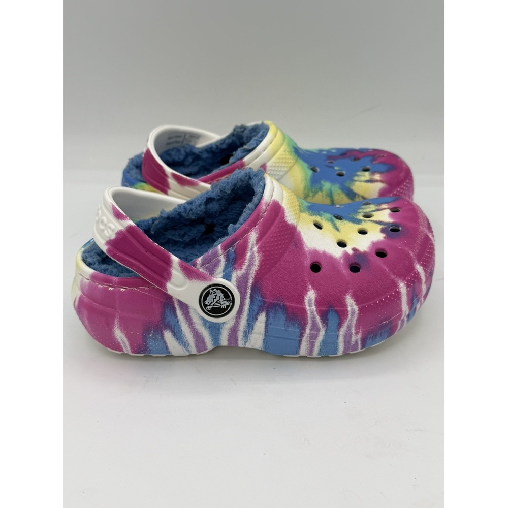 Crocs Pink Blue Yellow Tie Dye Fleece Lined Clogs Toddler Size 9